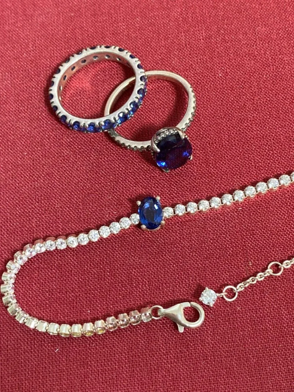 Pandora Sparkling Blue Gem Set w/ Tennis Bracelet, Eternity Ring, and Halo Ring